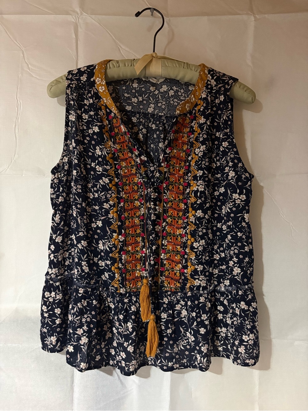 THML Navy Floral Embroidered Sleeveless Camisole with Mustard Trim